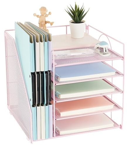 AUPSEN Schreibtisch-Organizer, 5-stöckige Papier-Briefablage mit Aktenhalter, multifunktionaler Bürobedarf und Zubehör für Büro, Schule, Zuhause (Rosa)
