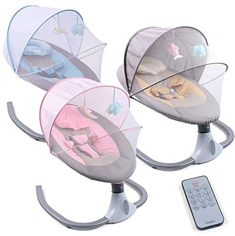 Babywippe, Elektrische Babyschaukel mit Musik,Elektrische Babywippe Monate Faltbar Abnehmbar und Waschbar mit Fernbedienung Bluetooth bis 12 Monate (Blau)