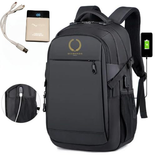 DIAMONDS PARIS Sac à Dos Imperméable avec Chargeur USB et Batterie, pour Ordinateur Portable, Convient aux Hommes/Femmes, Idéal pour Voyage, Loisirs, Affaires, École - Couleur Noire