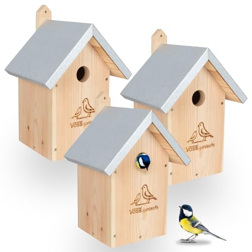 VOSS.garden 3X Nistkasten Hazel Spitzdach, Vogelhaus, Meisenkasten, Nisthöhle für Meisen, Sperlinge, Holz wetterfest