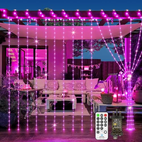 JXLEDAYY 300 LED Christmas Curtain Lights Indoor Outdoor, 3m x 3m Fairy Lights Plug in IP65 Waterproof Waterfall String Lights with Remote 8 Modes Timer for Room Garden Party Wedding Decorations-Pink