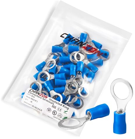 Chanzon 50pcs Blue Ring Terminals - M8 5/16 inch - UL Listed Insulated PVC Eyelet Wire Connector 16-14AWG Gauge Electrical Crimp Connector for Boat Truck Stereo Car