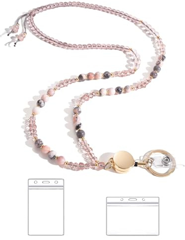 BettDecor Lanyards for ID Badges and Keys,Natural Stone Beaded Teacher Lanyard for Women,Retractable Lanyard with ID Holder Cute Lanyards for Teachers（pink）, Normal
