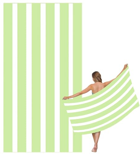 Large Quick Dry Microfibre Beach Bath Towel for Adult,Double Sides Green White Striped Sand Free Beach Towel with Bag,Lightweight Gym Yoga Sports Towel,Compact Travel Summer Beach Towel for Women Men
