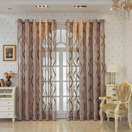 Daesar Vorhänge Lichtdurchlässig 2er Set, Braun Vorhänge mit Ösen Jacquard Wellen Motiv 137x183CM Vorhänge Fenster Gardinen Schlafzimmer Wohnzimmer Esszimmer