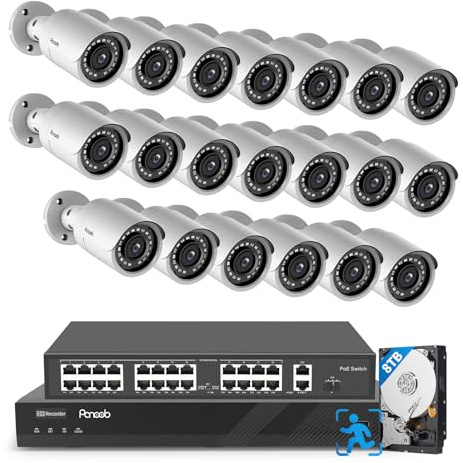 PANOOB 32 Channel Security Camera System, 4K 32CH PoE NVR 8TB HDD, 20x 5MP Wired Surveillance IP PoE Cameras Outdoor with AI Human Detection, Built-in Microphone, 100ft IR Night Vision, PB37F2032-5M