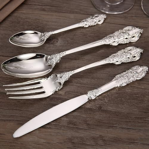 Palace Silberbesteck-Set für 12 Personen, 48-teilig, luxuriös, elegant, geprägter Griff mit durchbrochenem Design, Geschirr-Set aus 18/10 Edelstahl, Besteck-Utensilien-Sets für Zuhause und Restaurant