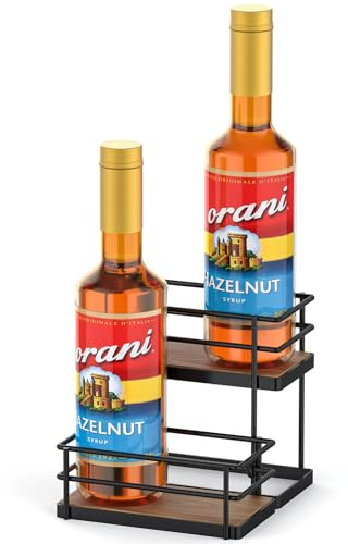 THYGIFTREE Coffee Syrup Rack Organizer - 4 Bottle Syrup Holder Stand with 2-Tier Storage Shelves for Coffee Bar & Kitchen