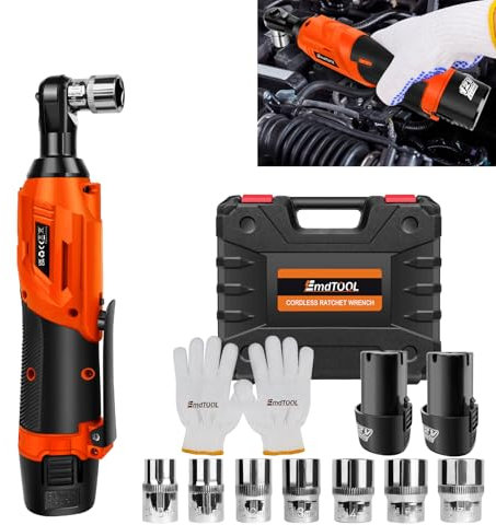 Llave de carraca eléctrica de 12 V, batería de 3/8 pulgadas, carraca con 2 baterías y cargador, 40 Nm, par de torsión de potencia, juego de llaves de carraca inalámbricas, LED, 7 llaves de vaso