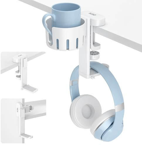 KDD 2 in 1 Headphone Hanger with Desk Cup Holder - Under Desk Clamp Rotatable Headset Holder - Suitable for Coffee Mups, Water Cups, Headphone