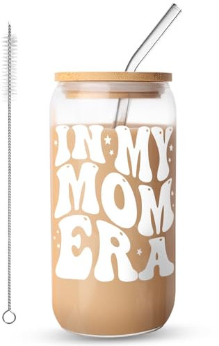 FIDWALL Iced Coffee Cup,Glass Cups with Lids and Straws,Mum Birthday Gifts,New Mum Gifts,Hot and Cold Drinks,Durable Glass (MOM)