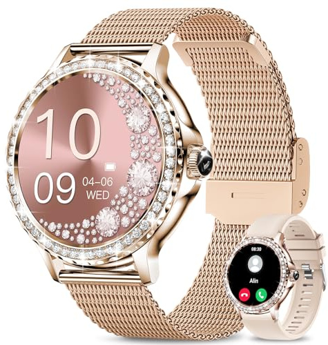 Fitoncloud Smart Watches for Women Diamonds (Answer/Make Call),1.3'' Touchscreen Smartwatch with Heart Rate/SpO2/Sleep Monitor,120+ Sport Modes,IP68 Ladies Smart Watch for iOS Android Phones,Rosagold