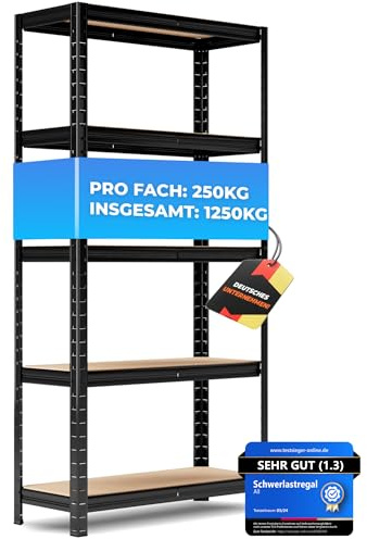 ALL Premium Schwerlastregal 150x75x30 cm Schwarz - 1250kg Traglast – Regal 30cm tief & schwerlastregal 30 cm tief, Regal 150cm hoch ideales Lagerregal für Keller & Garage