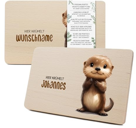 Yabaduu Individuelles Holzbrett für Kinder 23,5x15cm Frühstücksbrettchen Brotzeitbrett personalisiert aus Holz Tier-Motiv als Geschenk Geburtstag Kind RV007 (07 Otter, Mit Wunschname)