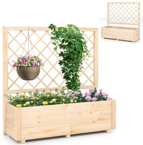 HOMASIS Pflanzkübel mit Rankgitter, Blumenkasten mit Spalier, Pflanzkasten aus Massivholz, Hochbeet Pflanzgefäß Rankkasten Gartenspalier Rankhilfe für Balkon Garten Terrasse (Natur, 98x35x101cm)