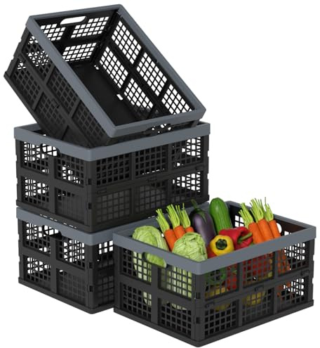 Xeabia 34 Liter Plastic Collapsible Crate for Storage, Stackable Storage Basket, Folding Storage Crates Box, 4 Pack, Black