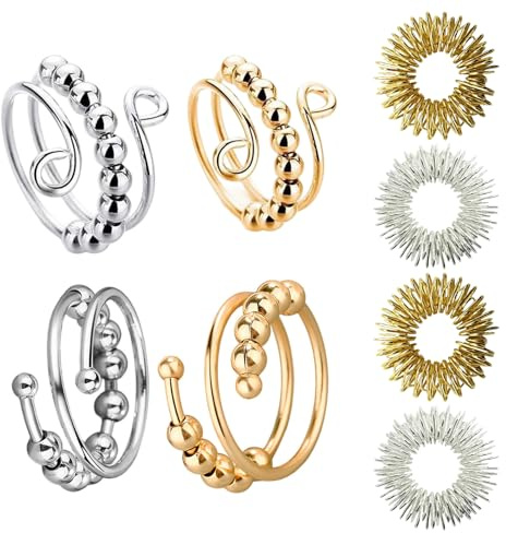 Lot de 4 anneaux anti-stress réglables avec 4 anneaux d'acupression, anneaux anti-stress réglables avec perles, anneaux anti-stress, anneaux anti-stress, anneaux de massage des doigts, anneaux de