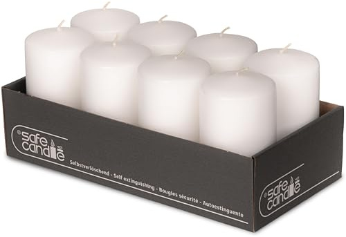 DecoLite Stumpenkerzen 13 x 7 cm, 61h Brenndauer, 8er Set, Weiß | RAL-geprüft, Safe Candle mit Abbrandstopp, tropf- & rußfrei, ohne Duft, 8 Stück, 13 x 7 cm, 61 h