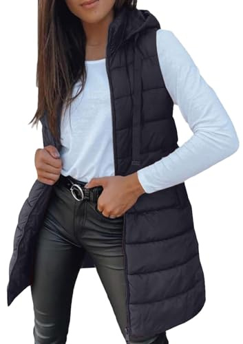 Lazzboy Steppweste Damen Lang Ärmellose Weste Mit Kapuze Steppmantel Warmer Wintermantel Reissverschluss Longweste Taschen Daunenweste Übergangsjacke Für Herbst Und Winter (Schwarz,XL)