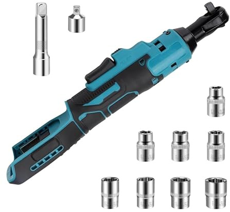 3/8 Cordless Ratchet Wrench Compatible with Makita 18V Battery | 80N.m Electric Impact Ratchet with 1/4 Adapter, with 9 Sockets & LED Light, 16cm Head Ratchet Wrench Driver Set (No Battery)