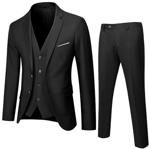 Traje de 3 piezas para hombre, ajuste delgado, dos botones, conjunto de blazer, chaqueta, chaleco y pantalones para boda, fiesta, negocios, Negro, S