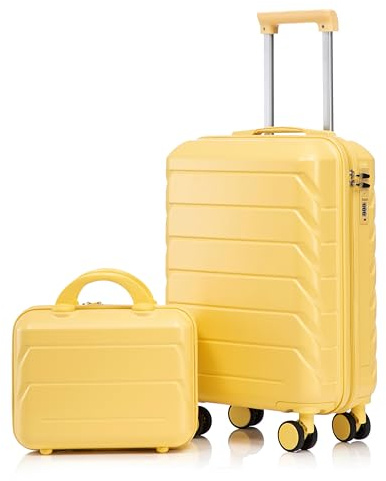 LANOX 2-teiliges Kofferset, 19 Zoll Trolley mit Beautycase, Gelb | Hartschale, Zahlenschloss, 360° Doppelrollen, 14 Zoll Beautycase, Handgepäckgröße