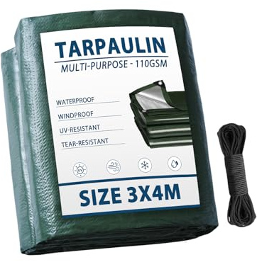 Vandham Tarpaulin 3m x 4m, Multi-purpose 110GSM Green Heavy Duty Waterproof Tarpaulins, Camping Tarp with Reinforced Grommets Covers for Outdoor