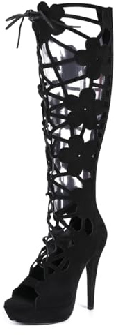 Feinlina Bottes hautes à talons aiguilles en daim noir avec découpes, bout ouvert, lacets, motif floral et fermeture éclair arrière pour femmes