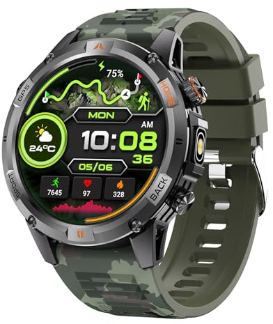 Plyisty Orologio Sportivo Intelligente, Tracker di attività GPS con Risoluzione 360x360 da 1,46 Pollici con Oltre 100 modalità di Allenamento, per IOS Corsa Nuoto Escursionismo Sport (Verde mimetico)