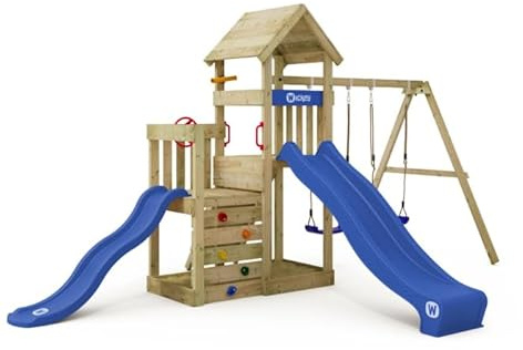 Wickey Torre da gioco Skyflyer 120 & 90 con scivolo blu e telone blu – Doppia altalena per il giardino