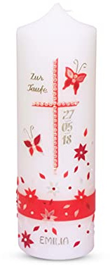 Taufkerze Kommunionkerze 25x8 cm für Mädchen Rot Blümchen mit schmetterling und Kreuz