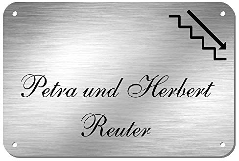 Edelstahl Türschild Namensschild Hinweisschild mit Treppe, Pfeil und individueller Laser-Gravur * Modell Reuter (300 mm x 200 mm)