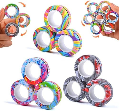 Anneaux Magnétiques Anti-Stress, Jouets de Décompression pour Adultes, Jouet de Bureau, 9Pcs