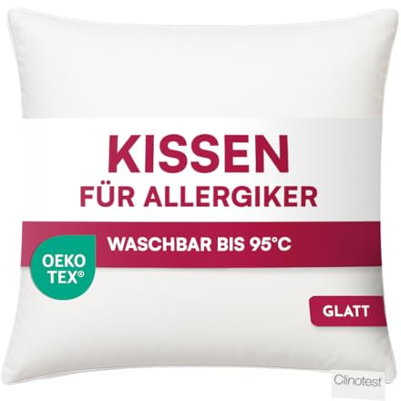 Clinotest Glattes Allergiker Kissen 35x40 cm, Polyester Kopfkissen klein, waschbar 95°C, Hotelqualität, kleines Kissen Oeko-Tex 100, weich, flaches Kopfkissen, für Kinder & Erwachsene, 120g Füllung