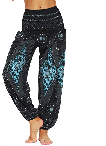 Nuofengkudu Mujer Yoga Pantalones Cintura Alta con Bolsillos Harem Hippies Baggy Tailandeses Estampado Verano Elastica Pilates Pantalon Pants Casual(Y-Patrón G,Talla única)