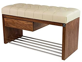 EMRA WOOD M-DEKO LPS-1 Sitzbank Schuhbank Chesterfield Gesteppt mit Schublade Bezug aus Kunstleder Ecru Gestell aus Holz Nach Maß (Höhe 55cm Tiefe 35cm, 100)