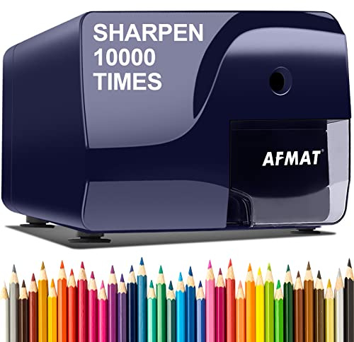 AFMAT Electric Pencil Sharpener Heavy Duty, Colored Pencil Sharpners for 6-8mm Pencils, Fast Sharpen in 3-5s, 3 Sharpness Setting, 10,000+ Sharpenings for Classroom, School, Home, Blue PS107