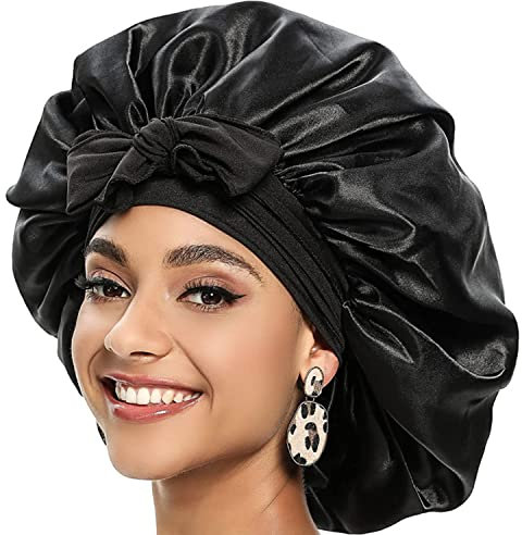 Hair Bonnet for Sleeping, shower caps for women, Bath Caps Satin Bonnets for Curly Hair Sleeping, Silk Bonnet with Stretchy Tie Band (Black)