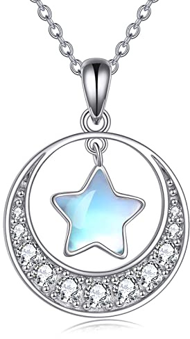 YAFEINI Stern Mond Halskette Sterling Silber Mond Phase Anhänger Halskette Mondstein Stern Schmuck Geschenke für Damen