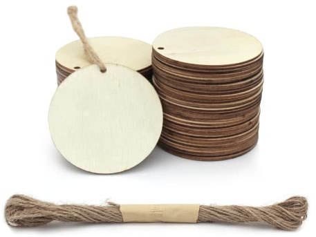 Andiker 50 cerchi di legno per artigianato, rotondi in legno non finiti da 4 cm e 1 rotolo di spago per artigianato fai da te, trucioli di legno rotondi con piccolo foro per appendere, decorazioni