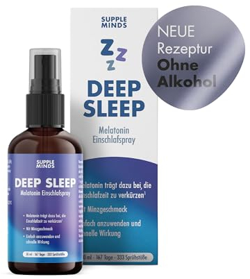SUPPLEMINDS Deep Sleep Spray – Extra starkes Melatonin Einschlafspray hochdosiert mit 0,5mg Melatonin pro Sprühstoß, Schlafspray mit Minzgeschmack, ohne Alkohol, vegan + zuckerfrei, 50ml