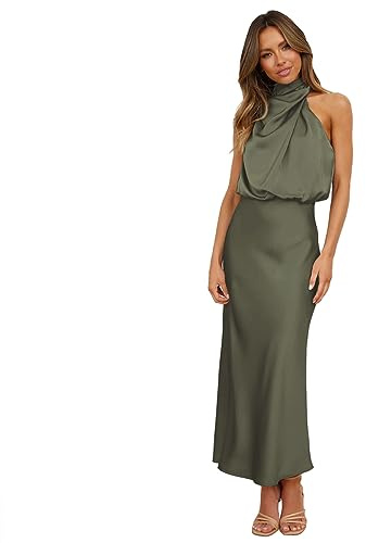 Damen Satin Kleid ?rmellos Lang Abendkleider Krawatte Taille Elegant f?r Hochzeit Cocktailkleid Partykleid Maxikleid Sommerkleid Satinkleid Wickelkleid Hochzeitsgast Ballkleid Vintage Armeegr?n L