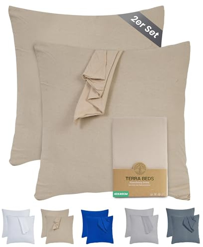 Terra Beds Kissenbezug 40x40 (Set mit 2) -100% Baumwolle Jersey 160 g/m², Oeko-Tex Zertifiziert - Kopfkissenbezug für Kissen 40x40 mit Reißverschluss, dehnbarem weich, atmungsaktiv - (Beige)