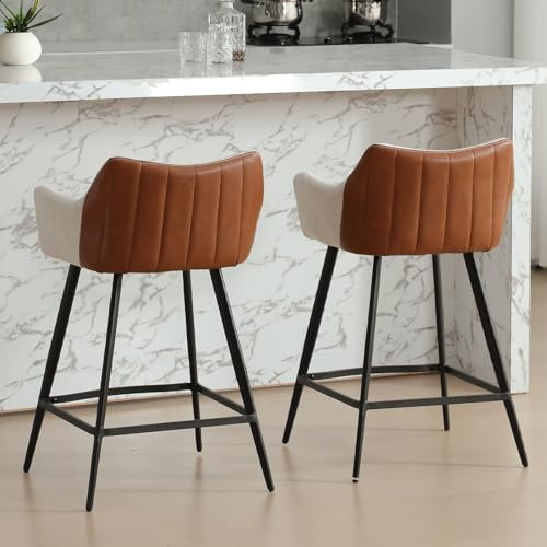 chairus Barhocker 2er Set PU-Leder & Leinen Barstuhl für Frühstück Beige | Tresenhocker mit Lehne, Modern Bar Stool mit Metallbeine, Küchenhocker Bistrohocker mit Fußstütze für Küche Hausbar Esszimmer