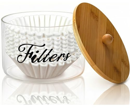 Cididu Coffee Filter Holder with Bamboo Lid, Glass Large Coffee Pod Holder for Counter, Clear Coffee Filter Dispenser Basket, K Cup Countertop Storage Container for Kitchen Cafe Bar Accessories