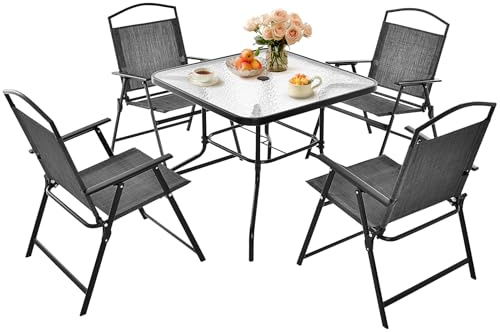GIANTEX 5 TLG. Gartenmöbel Set 4 Klappstühle & 1 Glastisch, Terrassenmöbel Outdoor Metall & Textilene-Stoff, Gartentisch mit Schirmloch, Balkonmöbel für 4 Personen, Garten Sitzgruppe Gartengarnitur