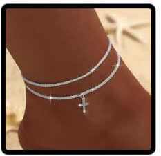 Jascatin Gargantilla de doble cruz con colgante de tobillo, pulsera de tobillo, joyería para pies para mujeres y niñas, Metal