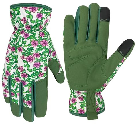 Gartenhandschuhe für Frauen und Männer, Touchscreen Gartenhandschuhe, Dornenfeste und Durchstichfeste Arbeitshandschuhe, Gartengeschenke für Frauen (Grün-lila Blüten, M)