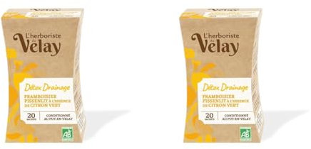 L'Herboriste du Velay - Infusion BIO Détox Drainage - Feuilles de Framboisier, Pissenlit, Citronnelle, Menthe Douce, Citron Vert - Conditionné au Puy-en-Velay - Boite de 20 Sachets (Lot de 2)