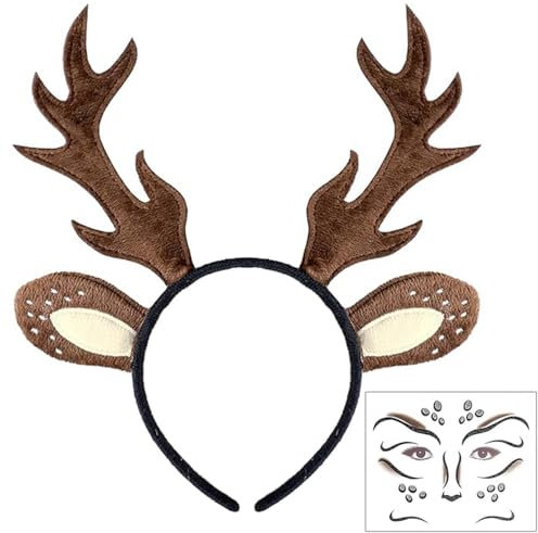 Dhqkqg Reh Haarreif Damen Kinder, Geweih Haarreif Fasching Damen + 2 Glitzer Reh Gesichtstattoo Karneval, Haarschmuck Weihnachten für Cosplay Karneval Party